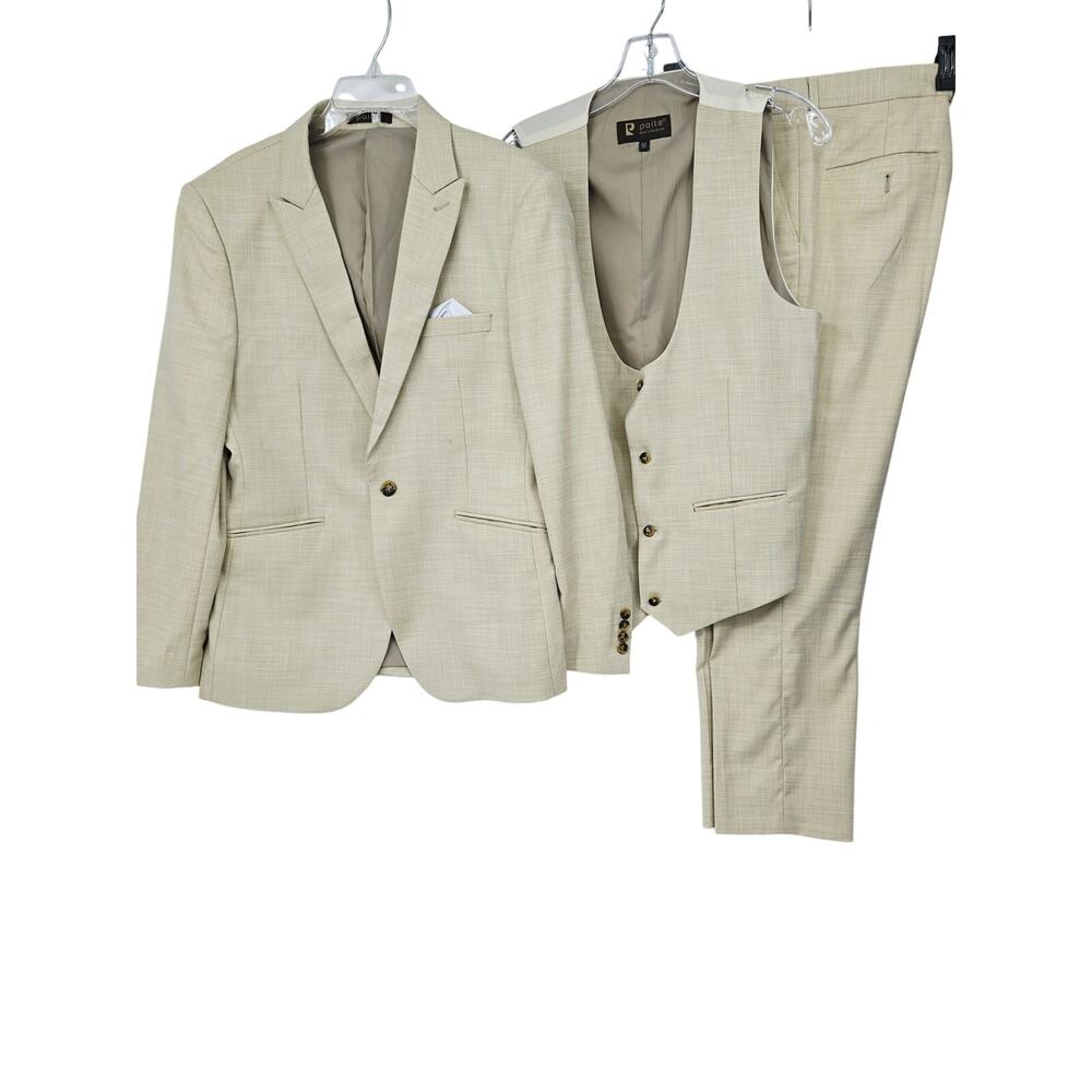Paite Men's Fashion 3-Piece Suit Tan Beige 100% Wool Academia 38 pants 32 READ